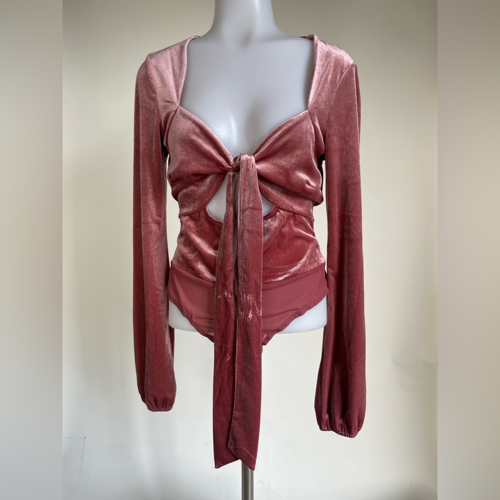 Lulus - Upgraded Style Mauve Velvet Long Sleeve Tie-Front Bodysuit - Picture 14 of 15